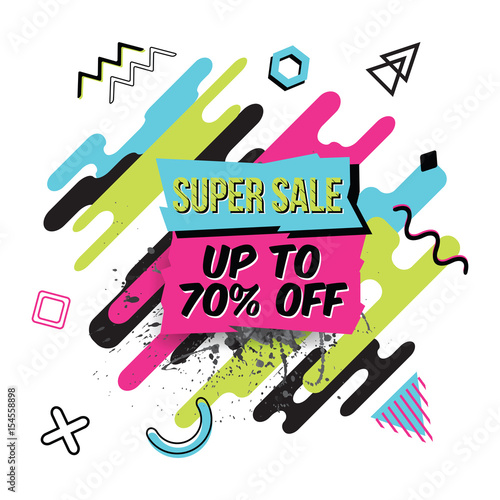 Vector abstract sale poster in retro style with geometric rounded elements and grunge splash. Trendy dynamic composition