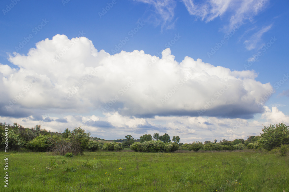 A large white cloud hanging over the steppe