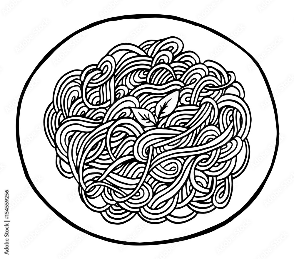 Hand drawn doodle spaghetti at plate Hand drawn doodle spaghetti at plate