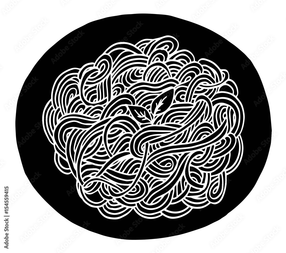 Hand drawn doodle spaghetti at plate Hand drawn doodle spaghetti at plate