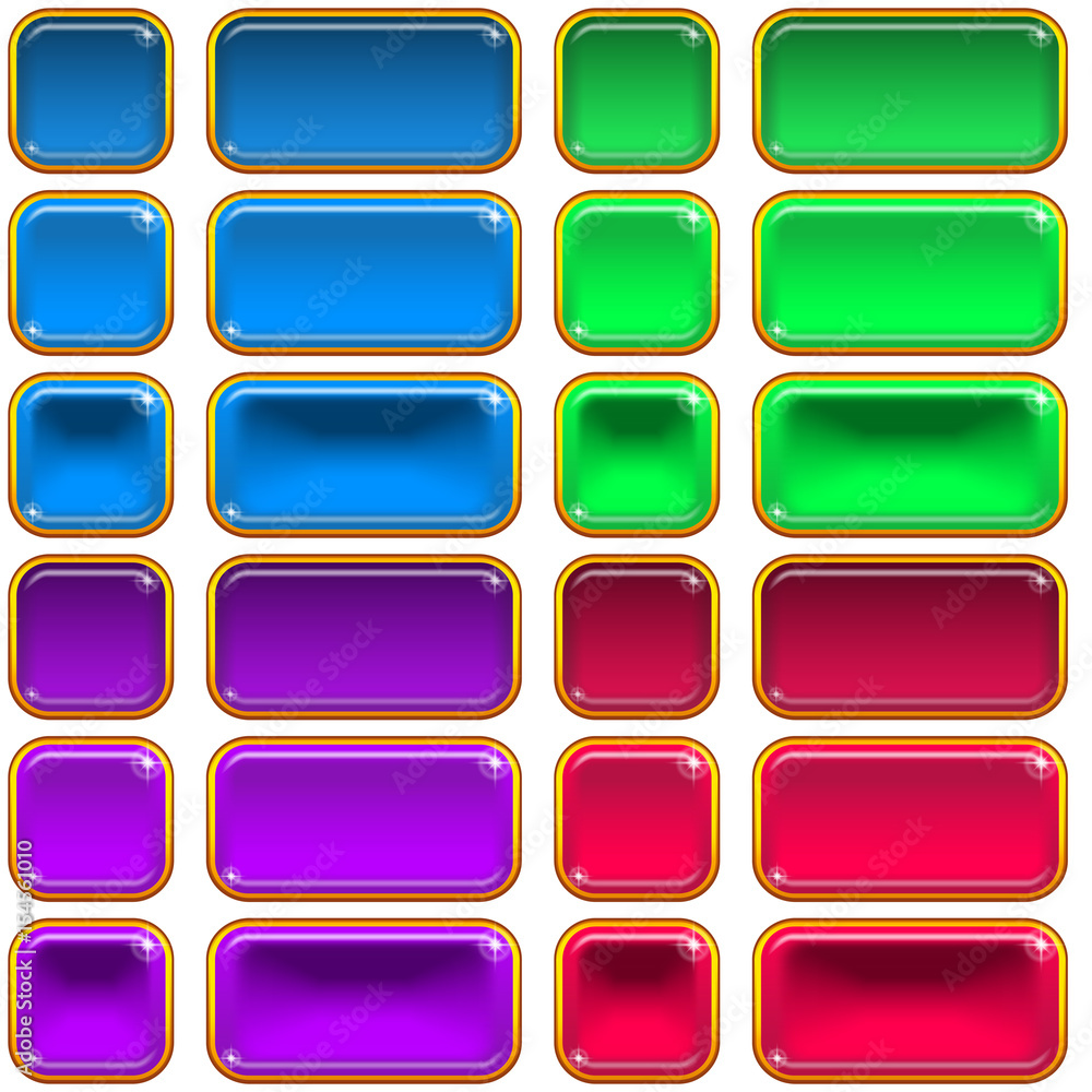 Set of Glass Buttons, Square and Rectangle, in Various States, Normal, Illuminated, Clicked. Computer Icons Elements for Web Design, Isolated on White. Eps10, Contains Transparencies. Vector Set of Glass Buttons, Square and Rectangle, in Various States, Normal, Illuminated, Clicked. Computer Icons Elements for Web Design, Isolated on White. Eps10, Contains Transparencies. Vector