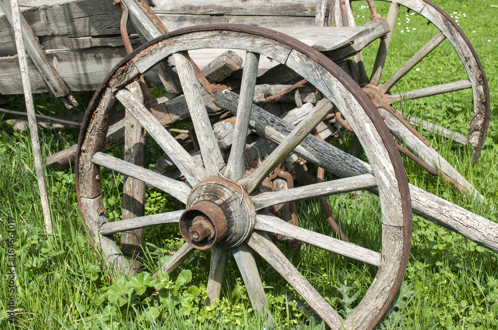 Wooden wheels on old rural weathered cart on green grass meadow