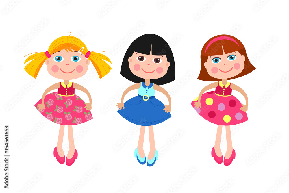 Girls dolls. Set of different vector dolls. Isolated on a white background. Girls dolls. Set of different vector dolls. Isolated on a white background.