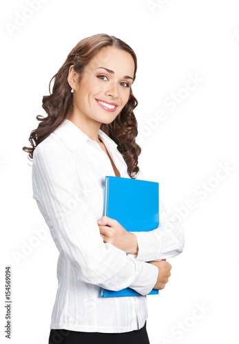 Businesswoman with blue folder, isolated