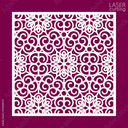 Laser cut square ornamental panel with pattern. Template of wedding invitation or greeting card. Cabinet fretwork panel. Metal design, wood carving.