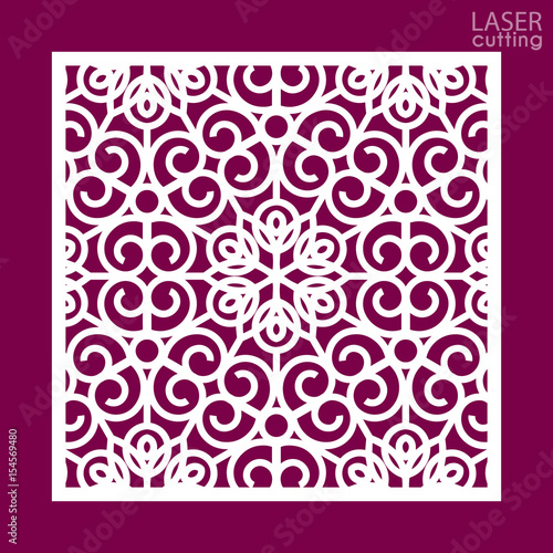 Laser cut square ornamental panel with pattern. Template of wedding invitation or greeting card. Cabinet fretwork panel. Metal design, wood carving.