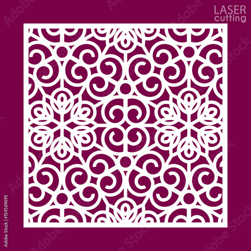 Laser cut square ornamental panel with pattern. Template of wedding invitation or greeting card. Cabinet fretwork panel. Metal design, wood carving.