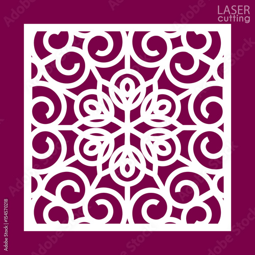 Laser cut square ornamental panel with pattern. Template of wedding invitation or greeting card. Cabinet fretwork panel. Metal design, wood carving.