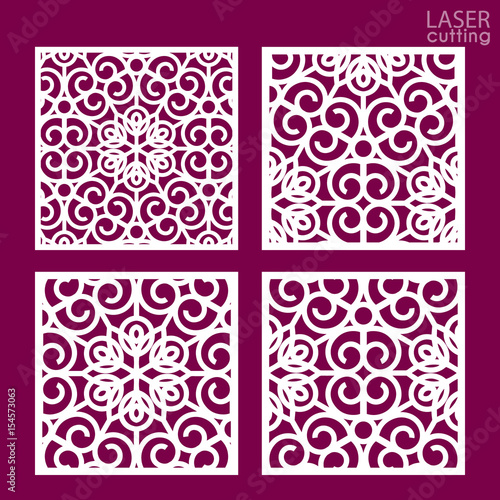 Laser cut square ornamental panel set with pattern. Template of wedding invitation or greeting card. Cabinet fretwork panel. Metal design, wood carving.