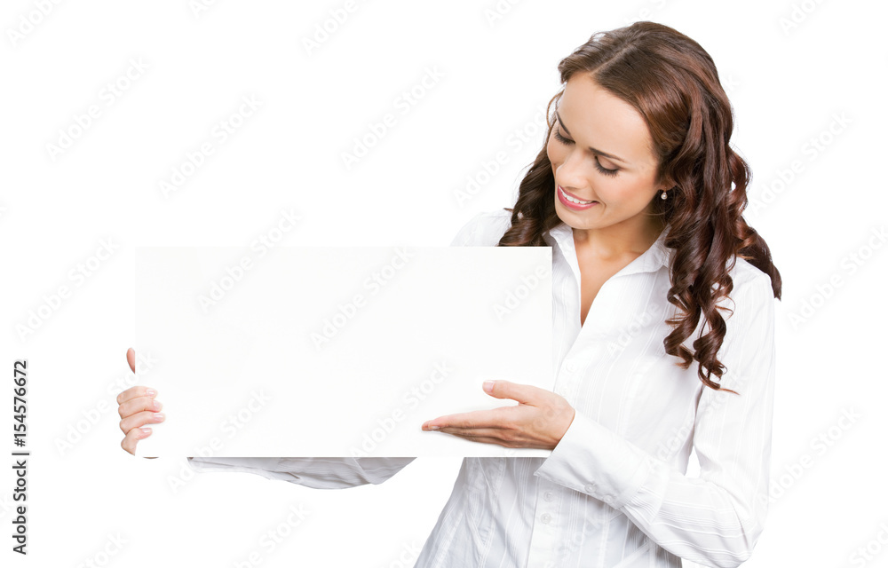 Businesswoman showing blank signboard, on white Businesswoman showing blank signboard, on white