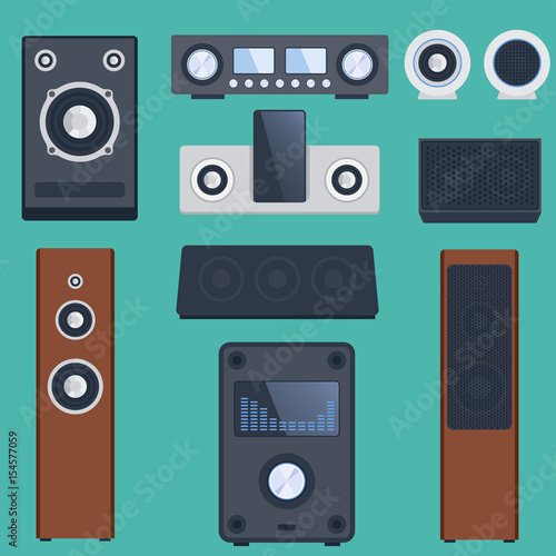 Home sound system stereo flat vector music loudspeakers player subwoofer equipment technology.