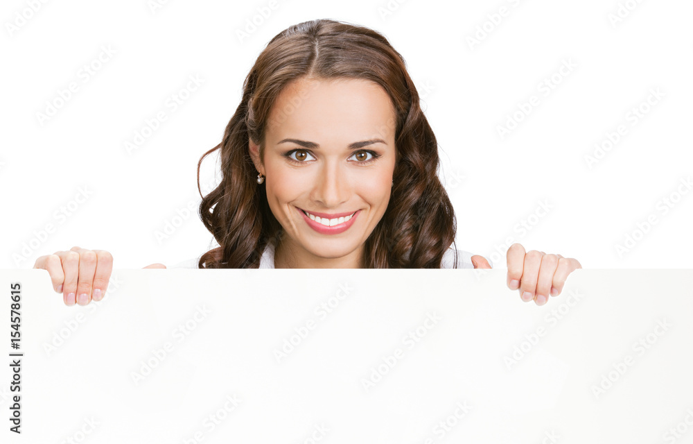 Businesswoman showing blank signboard, on white Businesswoman showing blank signboard, on white