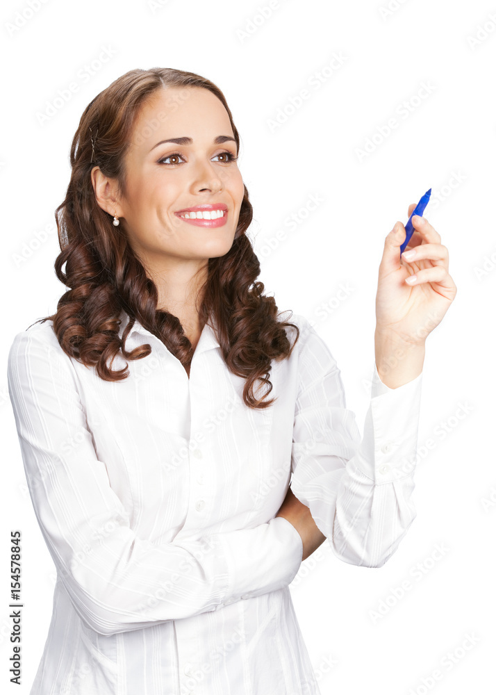Businesswoman writing or drawing on screen, isolated Businesswoman writing or drawing on screen, isolated