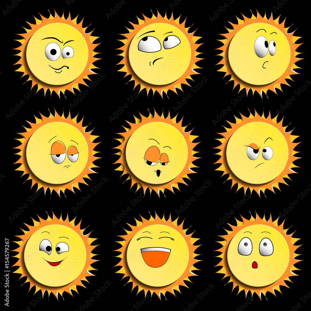 Sun Smile Icon Set Isolated on Black Background. illustration. Set Of Sun Smile Emotion Icons with Shadows. Set of Sun