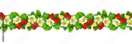 Seamless pattern with strawbwrries flowers, berries and leaves