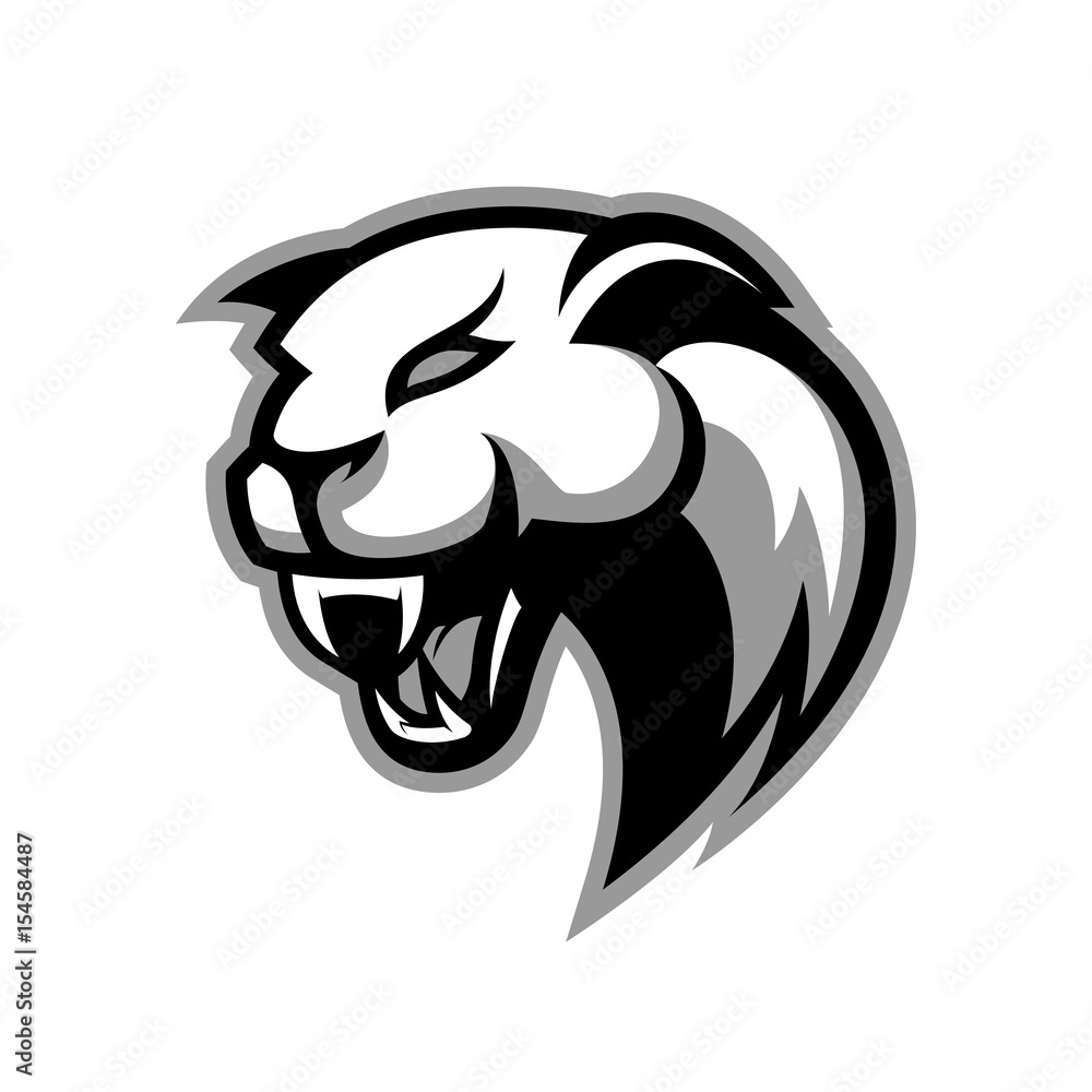 Naklejka premium Wściekła pantera sport wektor koncepcja logo na białym tle. Nowoczesny projekt odznaki zespołu maskotki. T-shirt z nadrukiem najwyższej jakości dzikich zwierząt.
