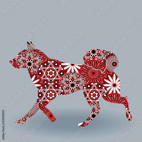 Rambling Laika Dog with stylized flowers over grey