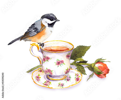 Hand drawn small watercolor bird on tea cup and rose flower
