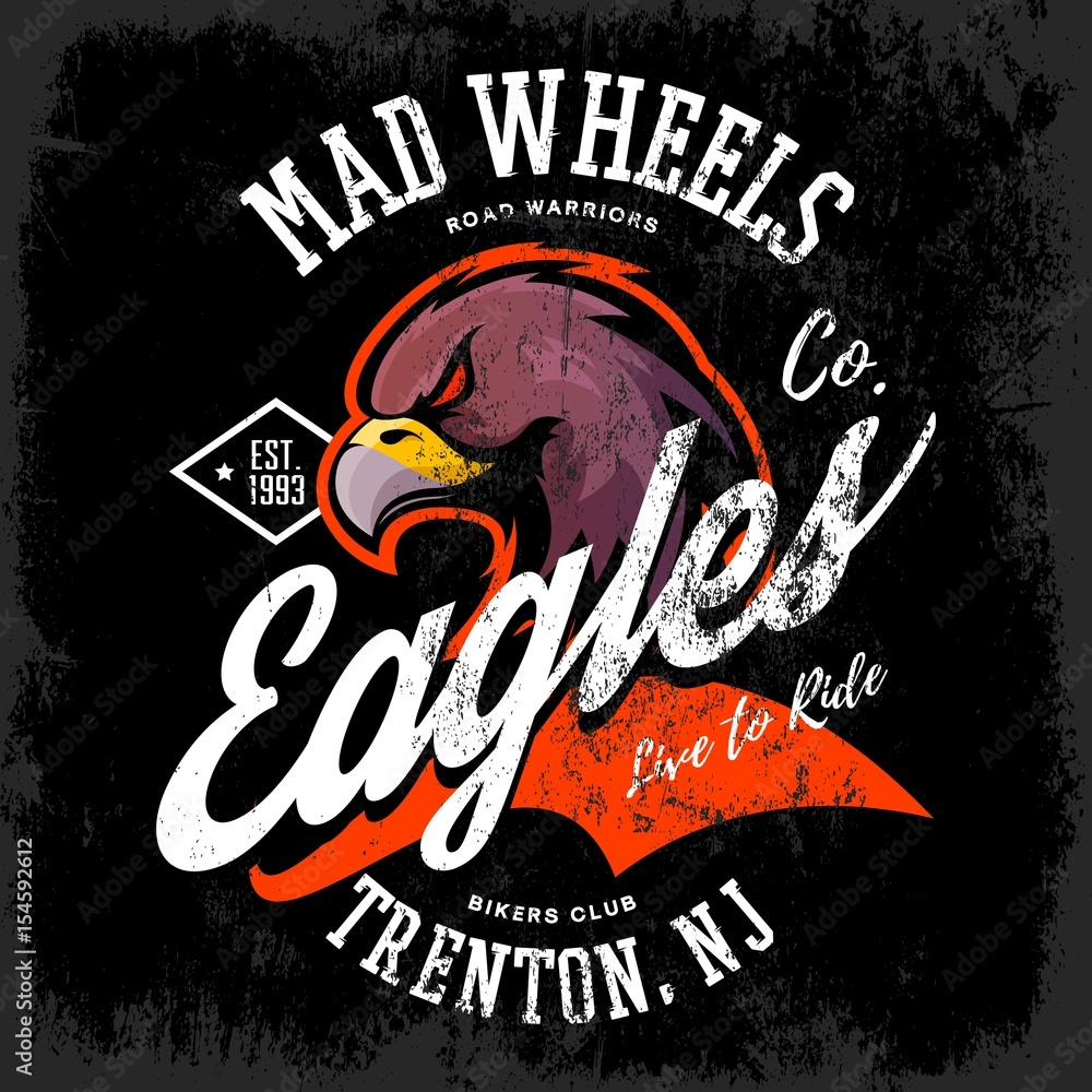 Naklejka premium Vintage American furious eagle bikers club tee print vector design. Trenton, New Jersey street wear t-shirt emblem. Premium quality wild bird mascot superior logo concept illustration.