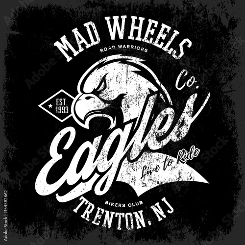 Vintage American furious eagle bikers club tee print vector design. 
Trenton, New Jersey street wear t-shirt emblem. Premium quality wild bird mascot superior logo concept illustration.