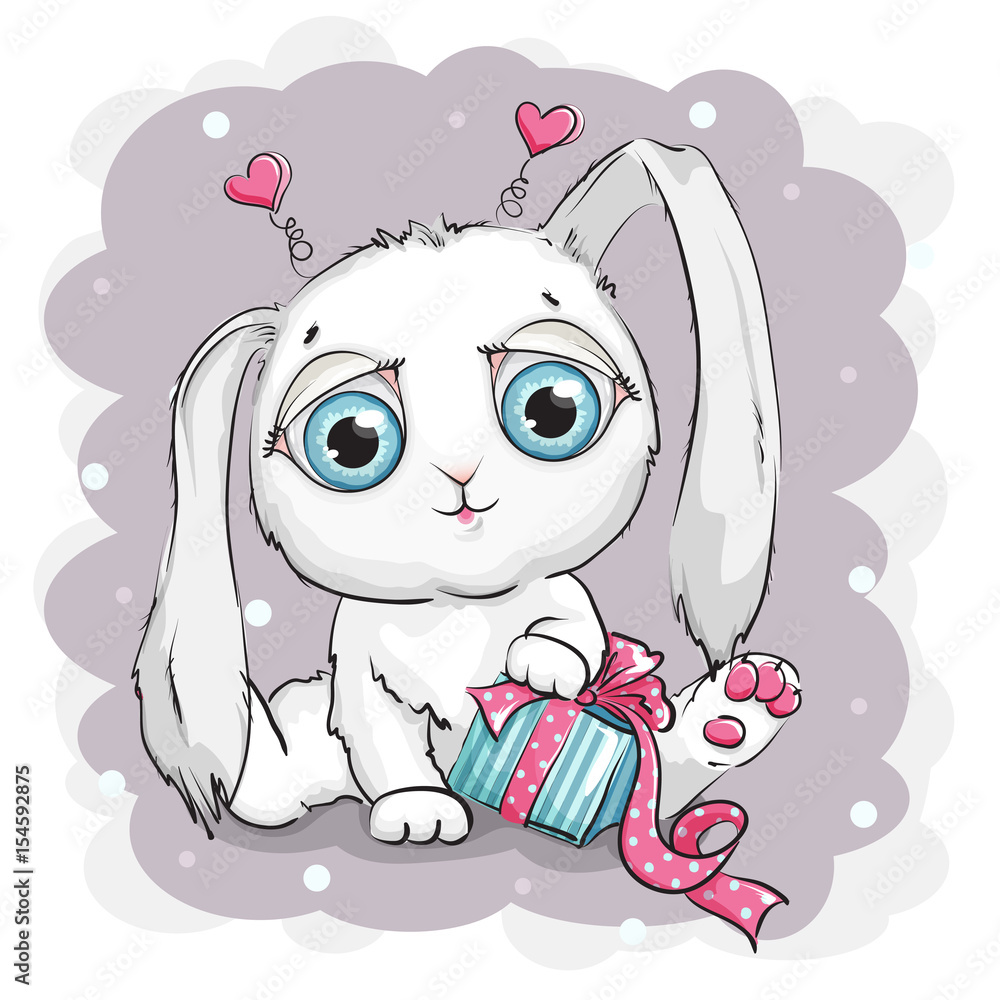 Beautiful and cute white rabbit with gift box