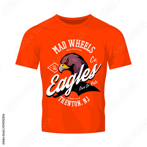 Vintage American furious eagle bikers club tee print vector design isolated on orange t-shirt mockup.  Premium quality wild bird mascot superior logo concept illustration.