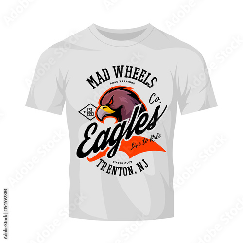 Vintage American furious eagle bikers club tee print vector design isolated on white t-shirt mockup. Premium quality wild bird mascot superior logo concept illustration.