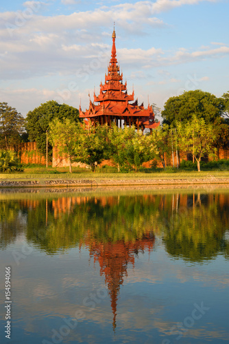 One of the towers of the citadel of the Old City in the evening light. Mandalay, Myanmar