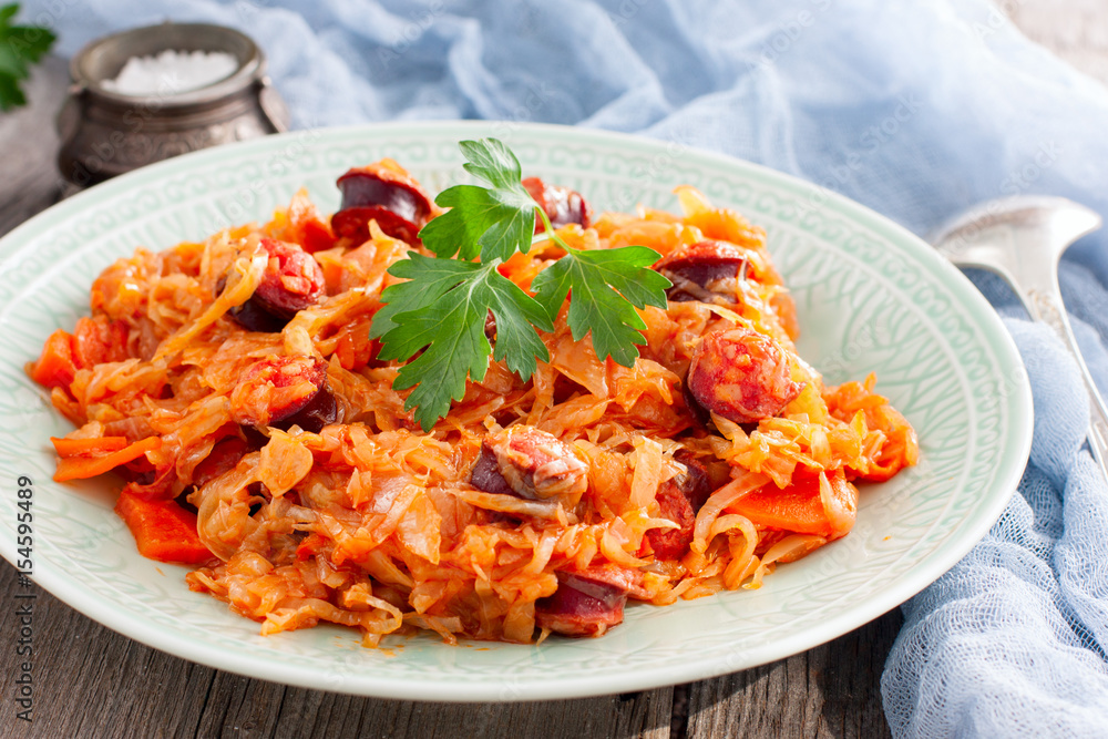 Prepared cabbage with sausages, horizontal