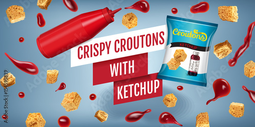 Vector realistic illustration of croutons with ketchup.