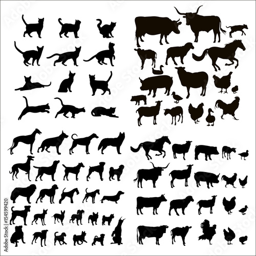 Collection of silhouettes of cats, dogs and farm animals
