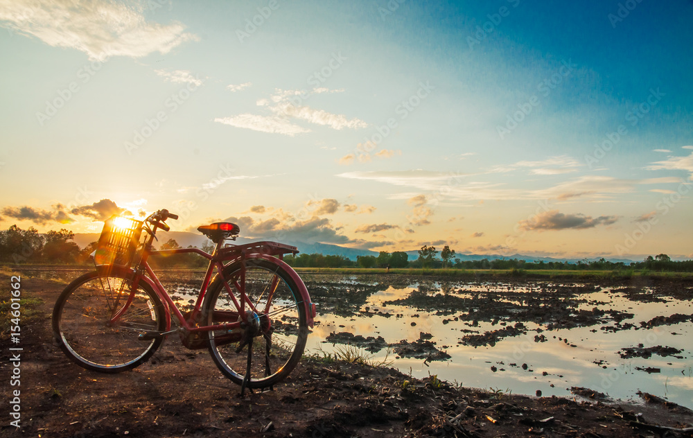 Fototapeta premium Beautiful landscape with red classic bicycle against sunset sky background