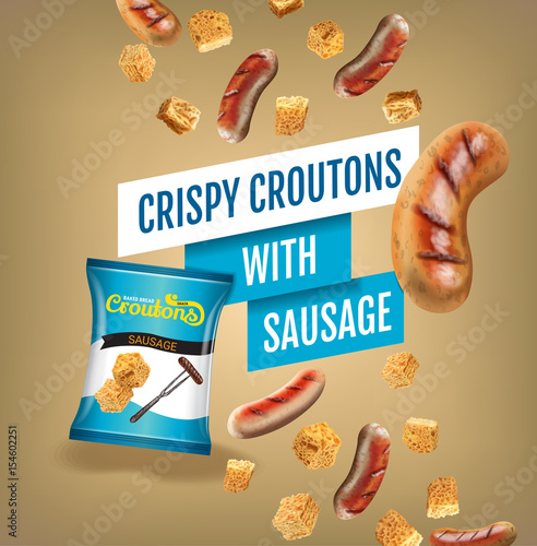 Vector realistic illustration of croutons with sausage.