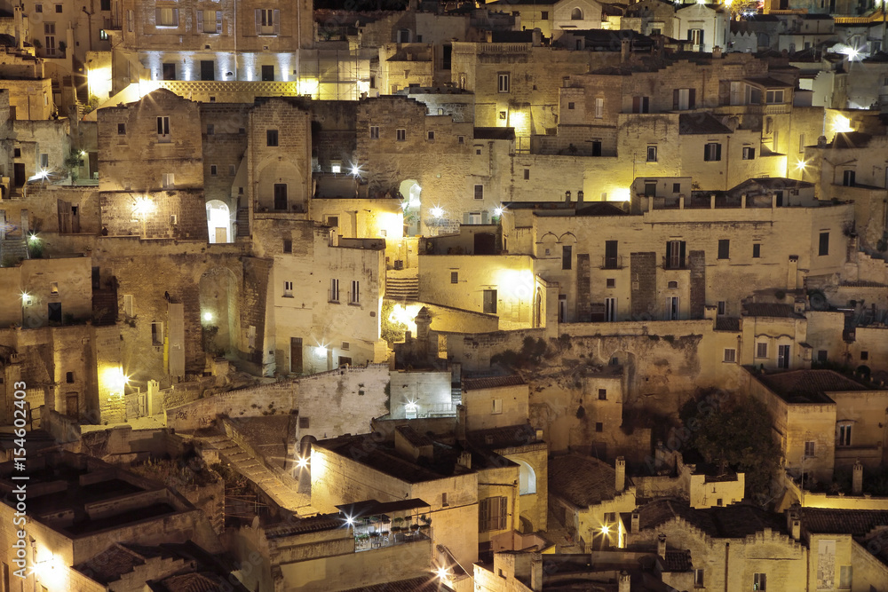 Beautiful view of historical Matera (Unesco World Heritage Site) by night, Italy