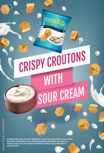 Vector realistic illustration of croutons with sour cream.