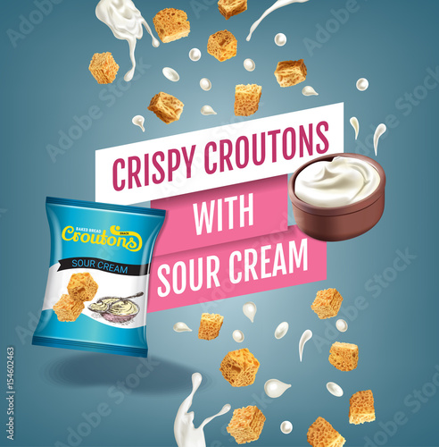 Vector realistic illustration of croutons with sour cream.