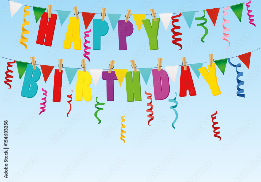 The letters of Happy Birthday hang on clothespins on a rope. Flags The letters of Happy Birthday hang on clothespins on a rope. Flags