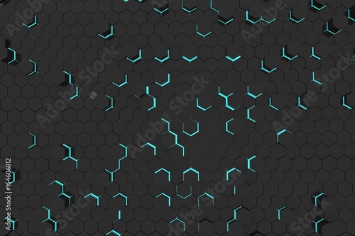 blue light abstract background in small black hexagons geometric design in 3D rendering
