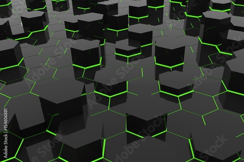 green light abstract background in black hexagons geometric style in 3D rendering