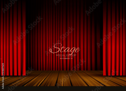 open red curtains stage, theater or opera background with wooden floor