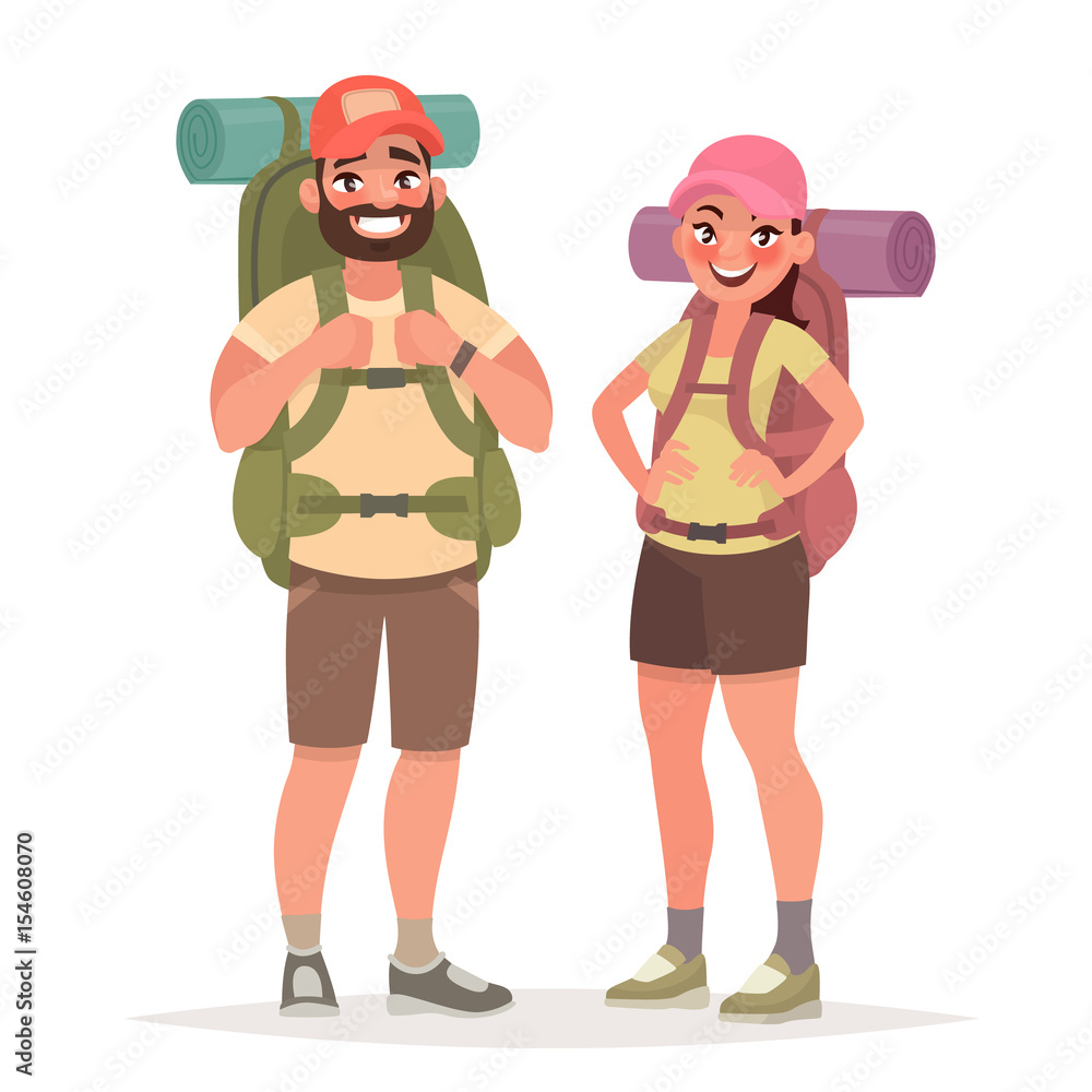 Hiking tourist couple. Man and Woman with large backpacks in the white ...