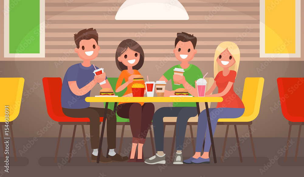 Company of young people is eating at a fast food cafe. Vector illustration