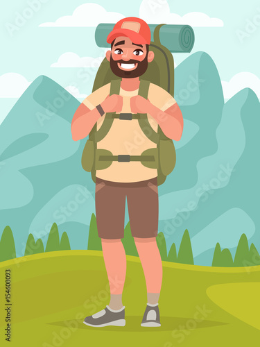 Hiking tourist man with large backpack in the background of a mountain landscape. Vector illustration