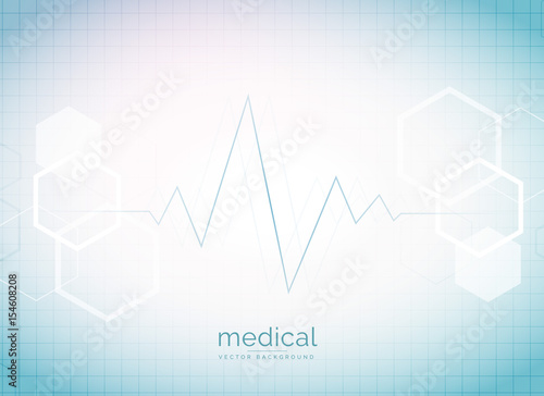 abstract medical and healthcare background with heart beat and hexagonal shape molecules