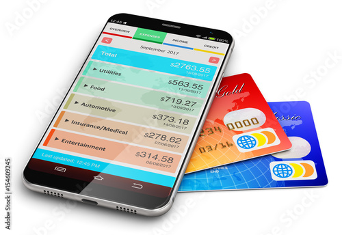 Smartphone with financial manager app and bank credit cards