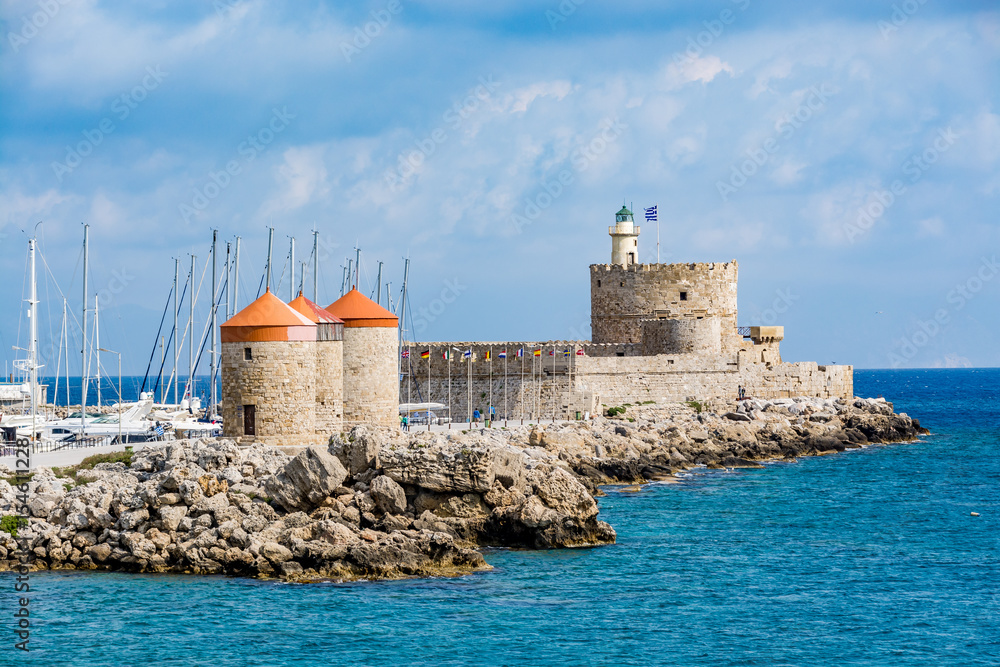 Agios Nikolaos Fortress (Fort of Saint Nicholas) and mills at Rhodes old town, Rhodes island, Greece