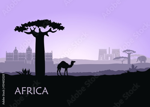 Evening landscape with camels, baobabs and architecture of Africa