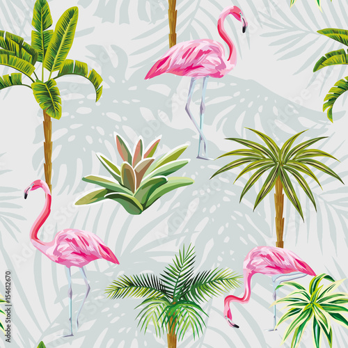Flamingo palm trees cactus seamless grey background with leaves