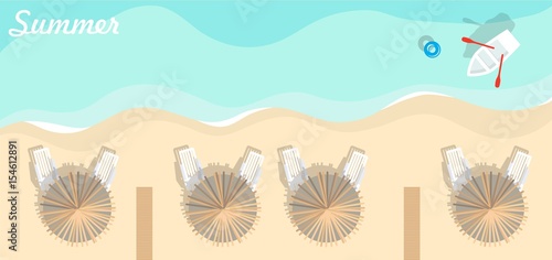 Aerial view of summer beach in flat design style. Umbrellas, boat, rubber ring, beach lounger