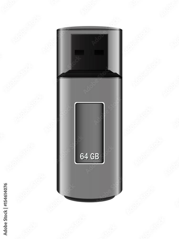 Silver USB flash drive 64 GB with cover cap on white background, vector, eps 10 Silver USB flash drive 64 GB with cover cap on white background, vector, eps 10